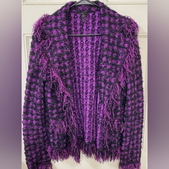 ESCADA 40/10 L KNIT WOOL BLEND TWEED BOUCLE PURPLE BLACK METALLIC FRINGE JACKET - Picture 2 of 13